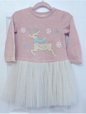 MUD PIE Pink Reindeer Tulle Dress with Gold Accents